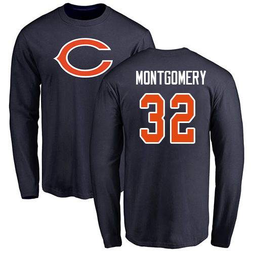 Chicago Bears Men Navy Blue David Montgomery Name and Number Logo NFL Football #32 Long Sleeve T Shirt